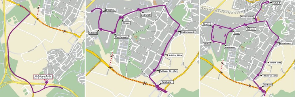 Von links: Umleitungsroute Buslinie 107, Umleitungsroute Buslinie 44, Umleitungsroute Buslinie 47. - Grafik: OpenStreetMap Mitwirkende.